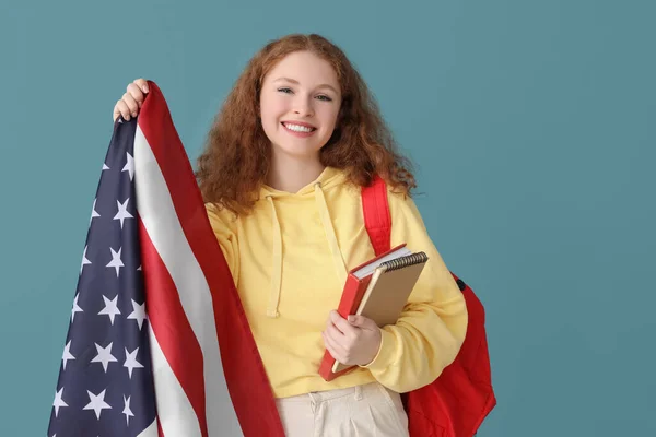 Estudiante Femenina Con Bandera Libros Sobre Fondo Azul —  Fotos de Stock