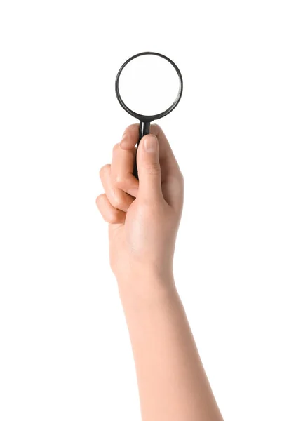 Vrouwelijke Hand Met Mini Vergrootglas Geïsoleerd Witte Achtergrond — Stockfoto