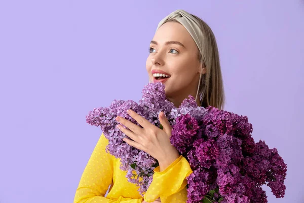 Young Woman Lilac Flowers Color Background Closeup — Stock Photo, Image