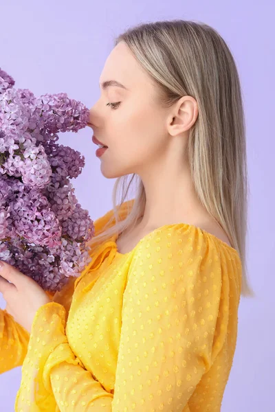 Young Woman Lilac Flowers Color Background Closeup — Stock Photo, Image