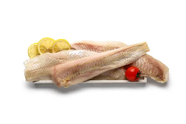 Plate Raw Codfish Fillet White Background — Stock Photo, Image