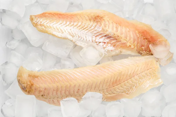 Raw Codfish Fillet Ice Cubes White Background — Stock Photo, Image
