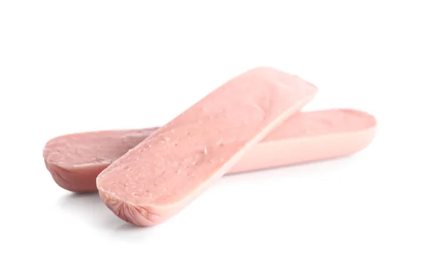 Slices Tasty Thin Sausage White Background — Stock Photo, Image