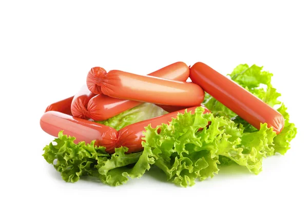 Tasty Thin Sausages Lettuce White Background — Stock Photo, Image