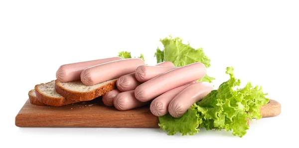 Board Tasty Thin Sausages Lettuce White Background — Stock Photo, Image