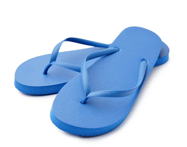 Paar Stylische Blaue Flip Flops Auf Weißem Hintergrund — Stockfoto