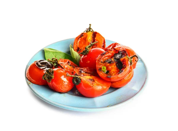 stock image Plate with tasty grilled tomatoes and basil on white background