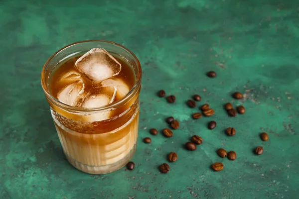 Glass Tasty Ice Coffee Milk Green Background — Stock Photo, Image