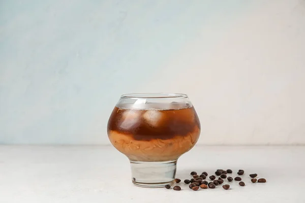 Glass Tasty Ice Coffee Milk Light Background — Stock Photo, Image