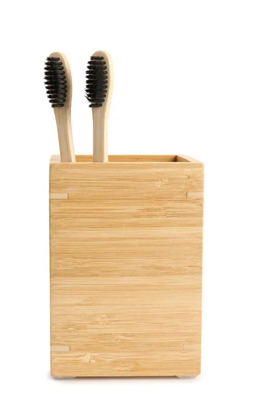 Bamboo Tooth Brushes Holder White Background — Stock Photo, Image