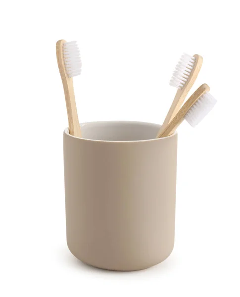 Bamboo Tooth Brushes Holder White Background — Stock Photo, Image