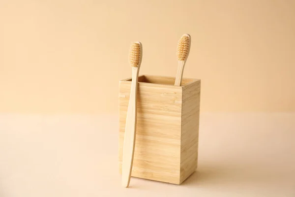 Bamboo Tooth Brushes Holder Beige Background — Stock Photo, Image
