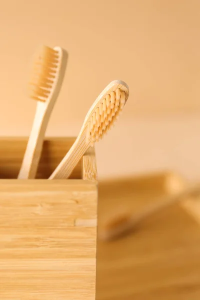 Bamboo Tooth Brushes Holder Table Closeup — Stock Photo, Image