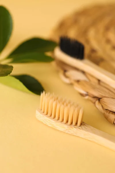 Bamboo Tooth Brushes Beige Background Closeup — Stock Photo, Image