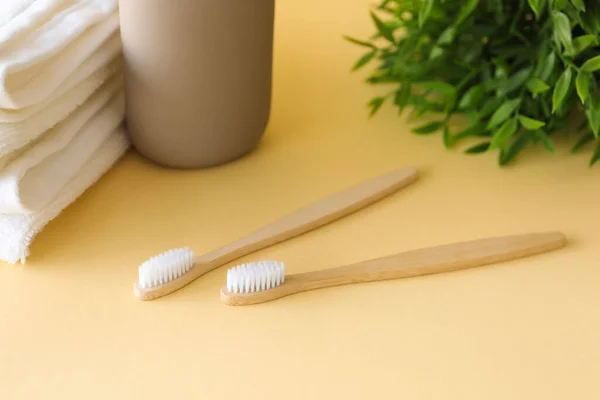 Bamboo Tooth Brushes Beige Background — Stock Photo, Image