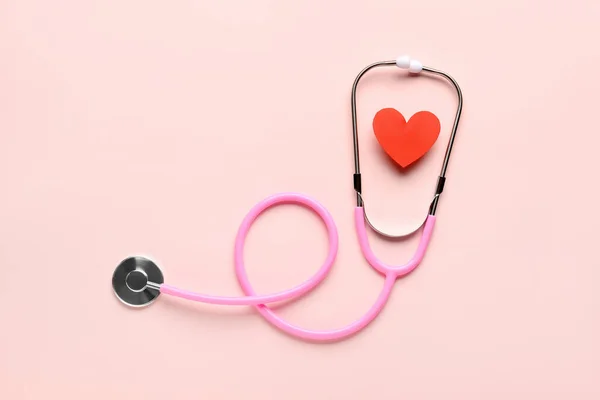 Stethoscope Red Heart Pink Background Cardiology Concept — Stock Photo, Image