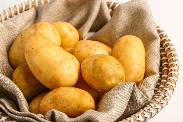 Wicker Bowl Raw Baby Potatoes White Background Closeup — Stock Photo, Image