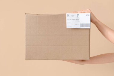 Bej arkaplanlı paket taşıyan kuryenin elleri