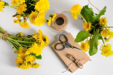 Güzel karahindiba çiçekleri, halat, makas ve açık arkaplan üzerine kitap kompozisyonu