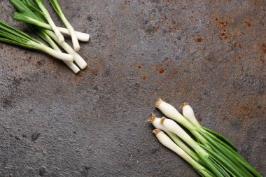 Koyu arka plan üzerinde taze yeşil soğan