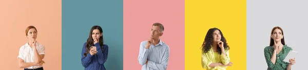 Collage Omtänksamma Människor Färg Bakgrund — Stockfoto