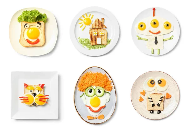 Collage Von Tellern Mit Lustigem Kinderfrühstück Auf Weißem Hintergrund Ansicht — Stockfoto