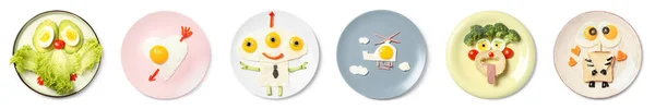 Colagem Placas Com Pequenos Almoços Infantis Engraçados Fundo Branco Vista — Fotografia de Stock