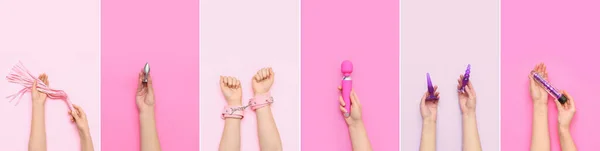 Collage Manos Femeninas Con Juguetes Sex Shop Sobre Fondo Color — Foto de Stock