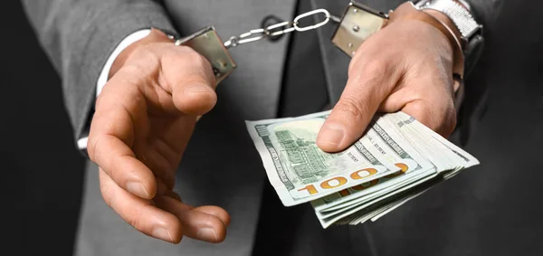 Handcuffed Businessman Bribe Dark Background Closeup — Stock Photo, Image