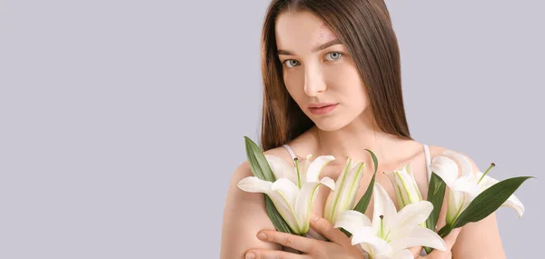 Pretty Girl White Lilies Grey Background Space Text — Stock Photo, Image