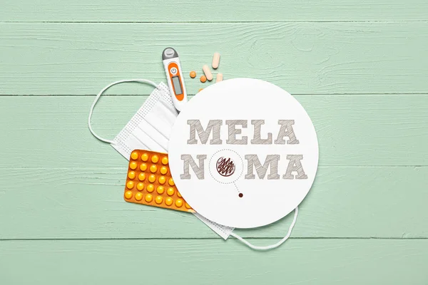 Banner Pills Thermometer Medical Mask Word Melanoma — Stock Photo, Image