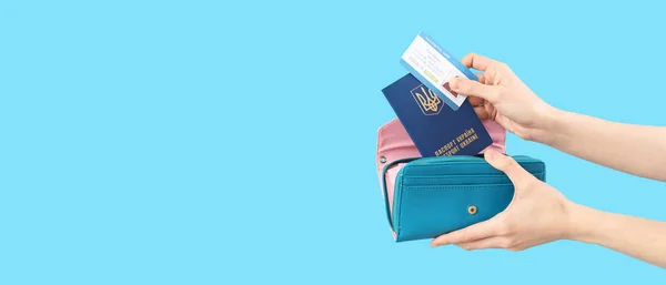 Woman Putting Ukrainian Passport Vaccination Card Wallet Blue Background Space — Stock Photo, Image