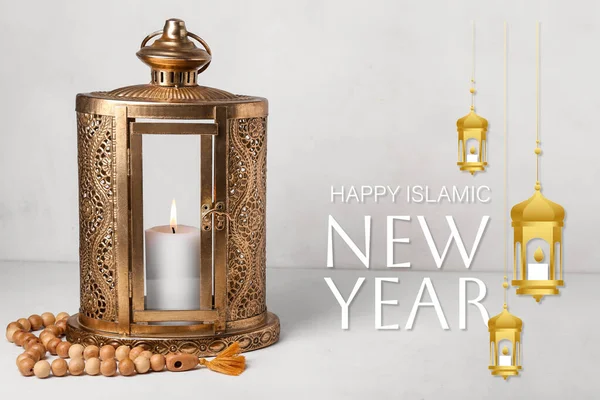 Banner Pentru Anul Nou Islamic Felinar Musulman Tasbih — Fotografie, imagine de stoc