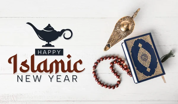 Banner Pentru Anul Nou Islamic Coran Lampă Aladdin Tasbih — Fotografie, imagine de stoc