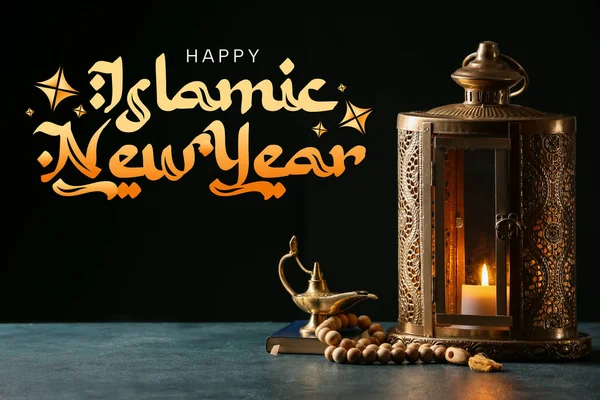 Banner Untuk Tahun Baru Islam Dengan Lampu Muslim Dan Tasbih — Stok Foto