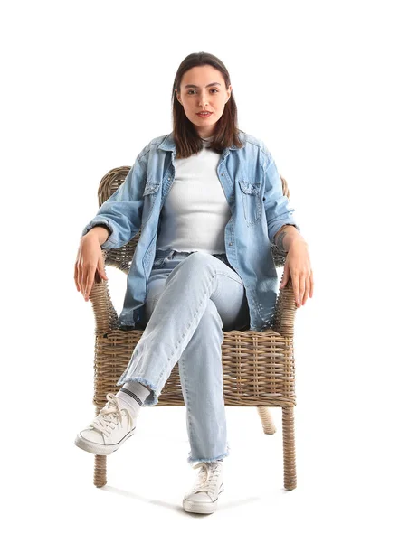 Young Woman Sitting Wicker Armchair White Background — Zdjęcie stockowe