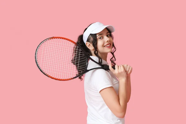 Юный Теннисист Ракеткой Розовом Фоне — стоковое фото