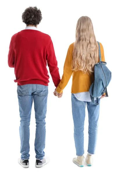 Teenage Couple Holding Hands White Background Back View — Stock fotografie