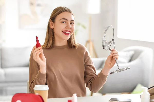 Young Woman Red Lipstick Mirror Home — Stock Photo, Image