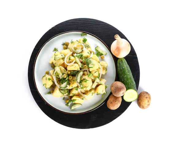 Plate Tasty Potato Salad Vegetables White Background — Stock Photo, Image