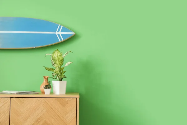 房间里挂在绿墙上的装有室内植物和冲浪板的抽屉 — 图库照片