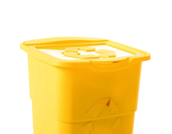 Recipiente Amarelo Para Lixo Isolado Branco Conceito Reciclagem — Fotografia de Stock