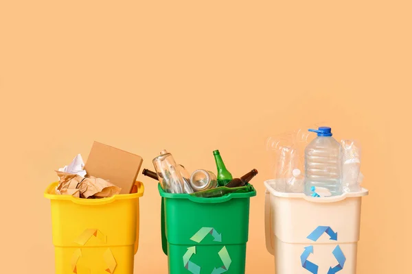 Containers Different Types Garbage Beige Background Recycling Concept — Stock Photo, Image