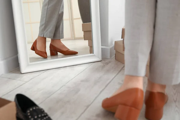 Woman Trying Stylish High Heeled Shoes Mirror Closeup — Stock Photo, Image
