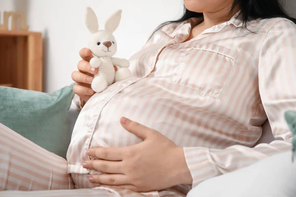 Young Pregnant Woman Toy Sitting Bedroom Closeup — Stock Photo, Image