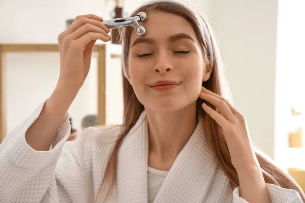 Young Woman Facial Massage Tool Bathroom Closeup — Stock Photo, Image