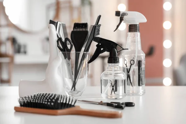 Different Hairdressing Tools Table Beauty Salon — Stock Photo, Image