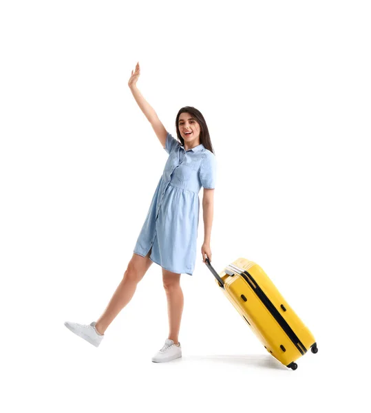 Gelukkig Jong Vrouw Met Gele Koffer Witte Achtergrond — Stockfoto