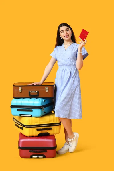 Young Woman Passport Suitcases Yellow Background — Stock Photo, Image