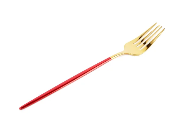 Goldene Gabel Mit Rotem Griff Auf Weißem Hintergrund — Stockfoto